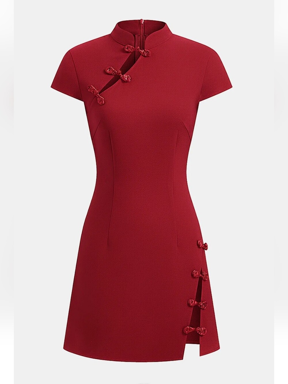 Commense Women's Red Mandarin Collar Frog Button Mini Dress
